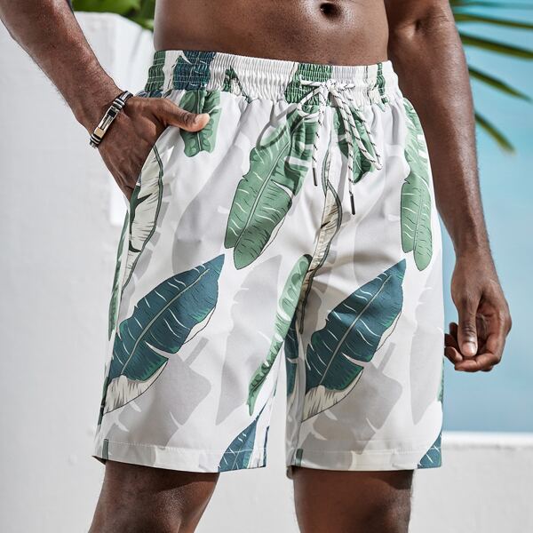 

Men Tropical Print Drawstring Waist Swim Trunks, Multicolor