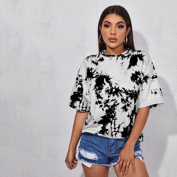 

Drop Shoulder Tie Dye Oversized Longline Tee, Black and white