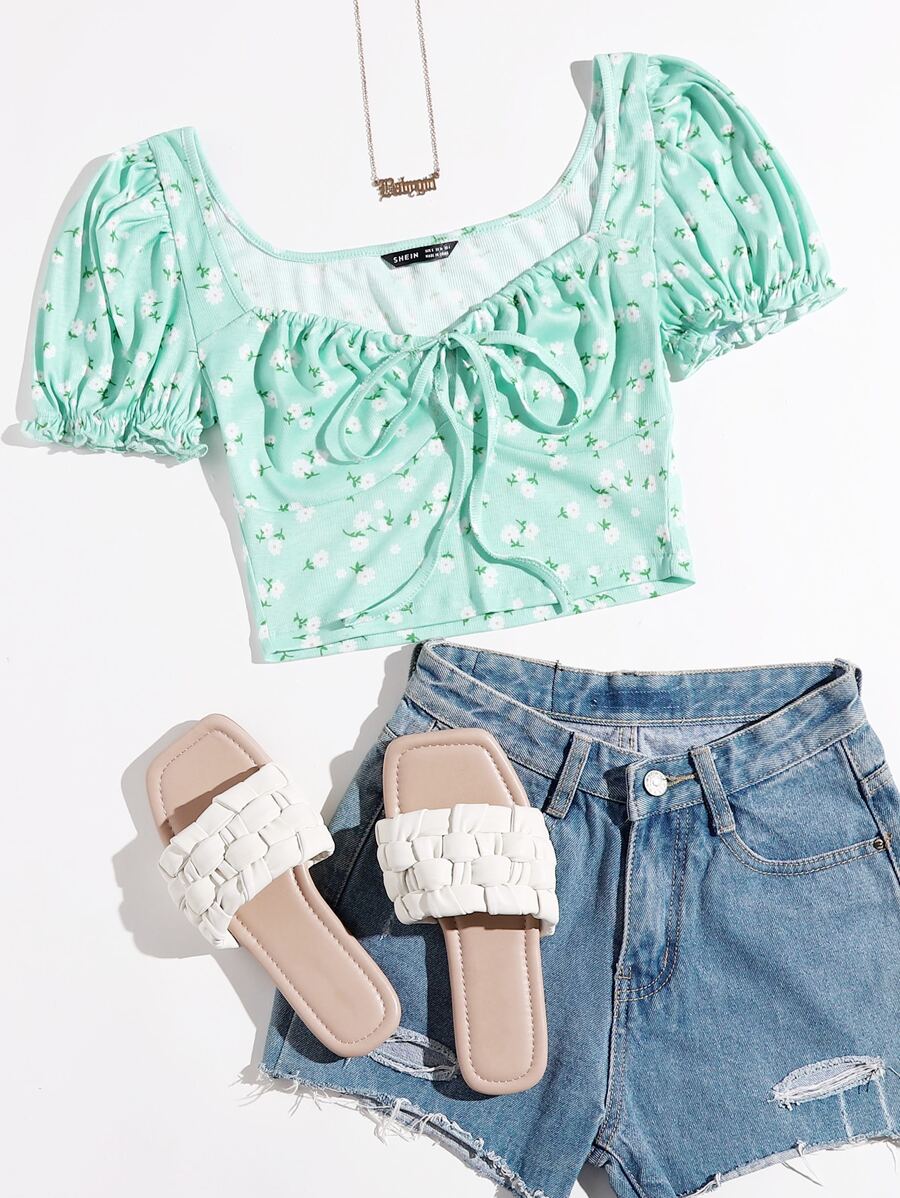 Soleia Puff Sleeve Tie Front Ditsy Floral Top - Mint Green - View 1