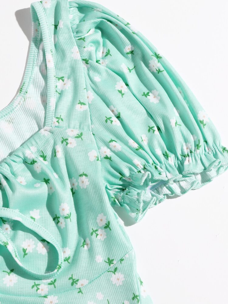 SHEIN WYWH Puff Sleeve Tie Front Ditsy Floral Top - Mint Green - View 4