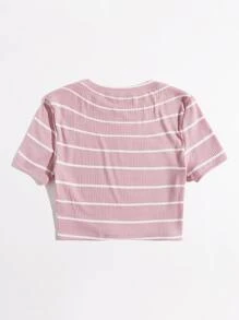 SHEIN EZwear 條紋羅紋針織T恤 - 淺粉色 - 查看 2
