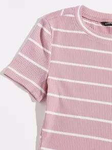 SHEIN EZwear 條紋羅紋針織T恤 - 淺粉色 - 查看 3