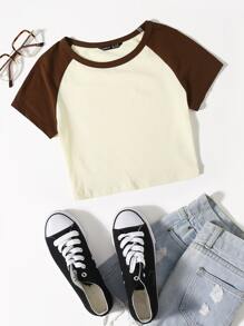 SHEIN EZwear Top corto de dos colores de manga raglán - Beis - Ver 1