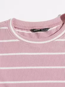 SHEIN EZwear 條紋羅紋針織T恤 - 淺粉色 - 查看 4