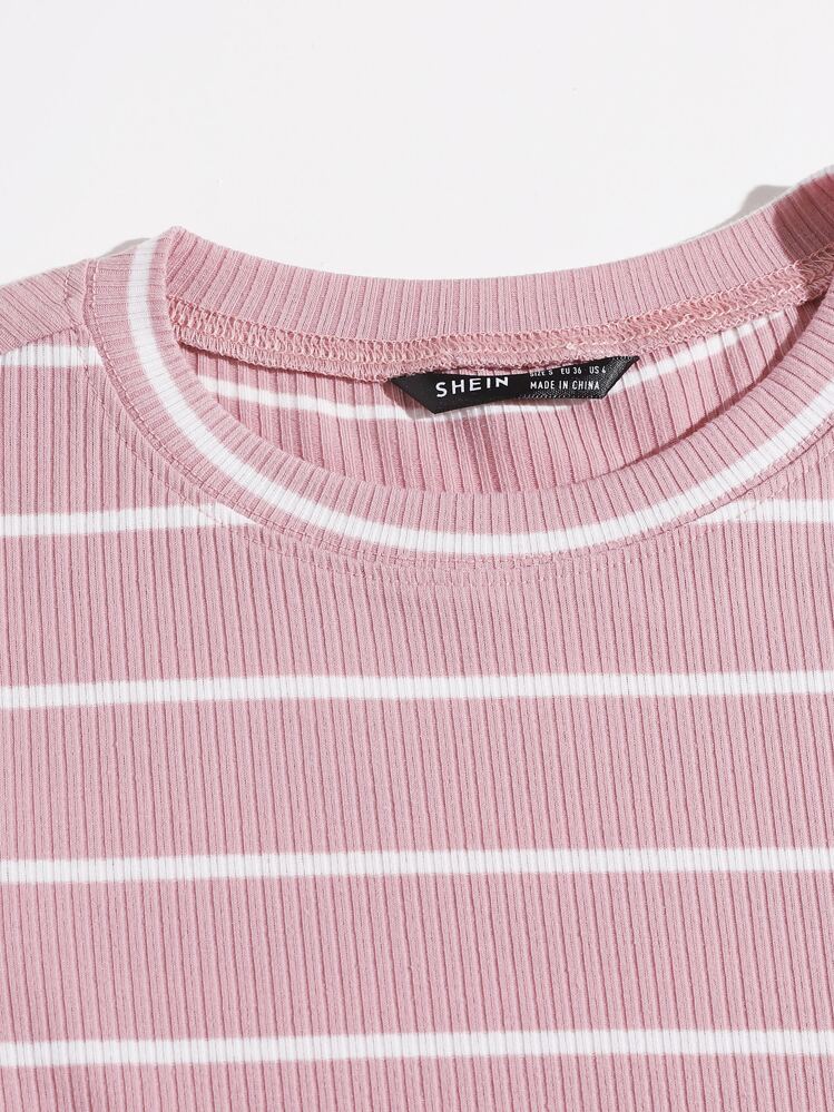 SHEIN EZwear Striped Rib-knit Tee - Baby Pink - View 4