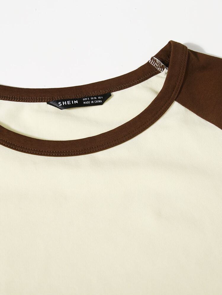 SHEIN EZwear Raglan Sleeve Two Tone Crop Top - Beige - View 3