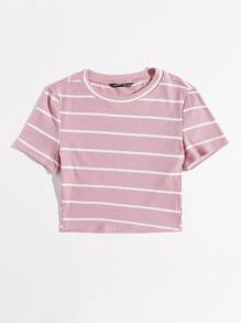 SHEIN EZwear 條紋羅紋針織T恤 - 淺粉色 - 查看 5