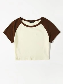 SHEIN EZwear Top corto de dos colores de manga raglán - Beis - Ver 4