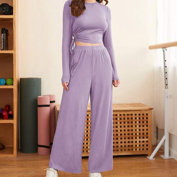

Knotted Side Crop Tee and Wide Leg Pants Set, Mauve purple