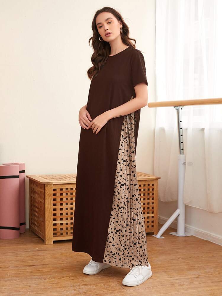 SHEIN Allover Print Pleated Panel Dress - Chocolate Brown - View 1