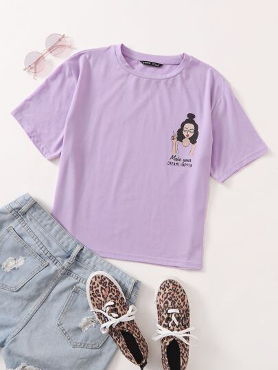 SHEIN Qutie 人像和標語圖案T恤