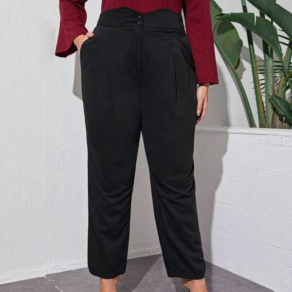 

Plus Fold Pleated Solid Pants, Black