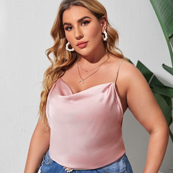 

Plus Rhinestone Strap Draped Neck Cami Top, Baby pink