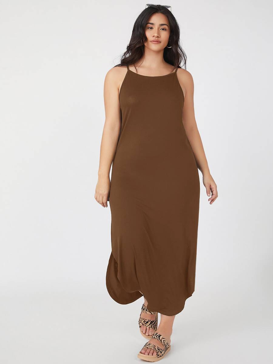 SHEIN BASICS 大碼側開衩吊帶連衣裙 - 咖啡棕 - 查看 1