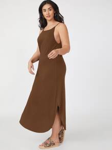 SHEIN BASICS 大碼側開衩吊帶連衣裙 - 咖啡棕 - 查看 3