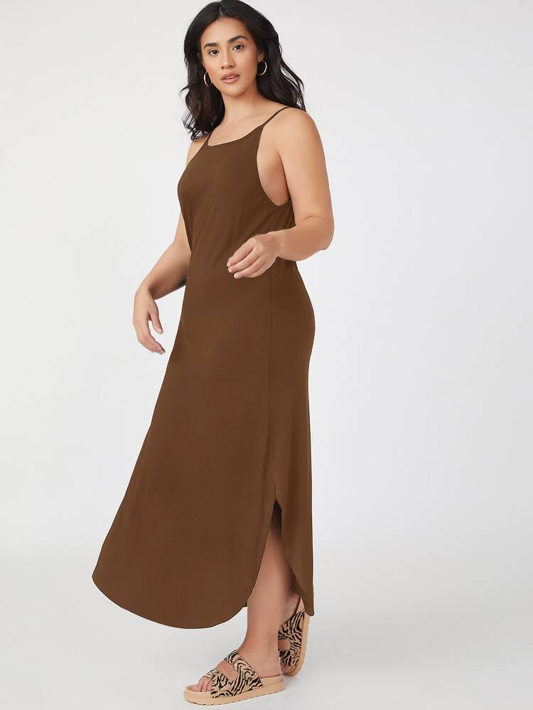SHEIN BASICS Plus Split Side Cami Dress - Coffee Brown - View 3