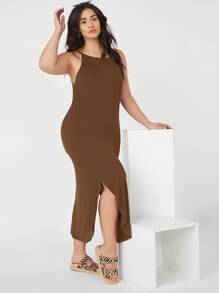 SHEIN BASICS 大碼側開衩吊帶連衣裙 - 咖啡棕 - 查看 5