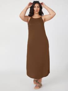 SHEIN BASICS 大碼側開衩吊帶連衣裙 - 咖啡棕 - 查看 6