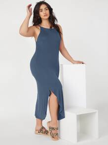SHEIN BASICS Plus Split Side Cami Dress - Dusty Blue - View 5