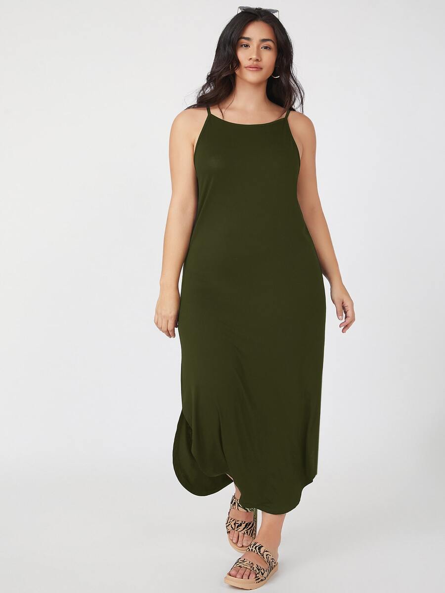 SHEIN BASICS 大碼側開衩吊帶連衣裙 - 軍綠色 - 查看 1