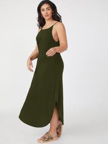 SHEIN BASICS Vestido de tirantes con abertura lateral - Verde militar - Ver 3