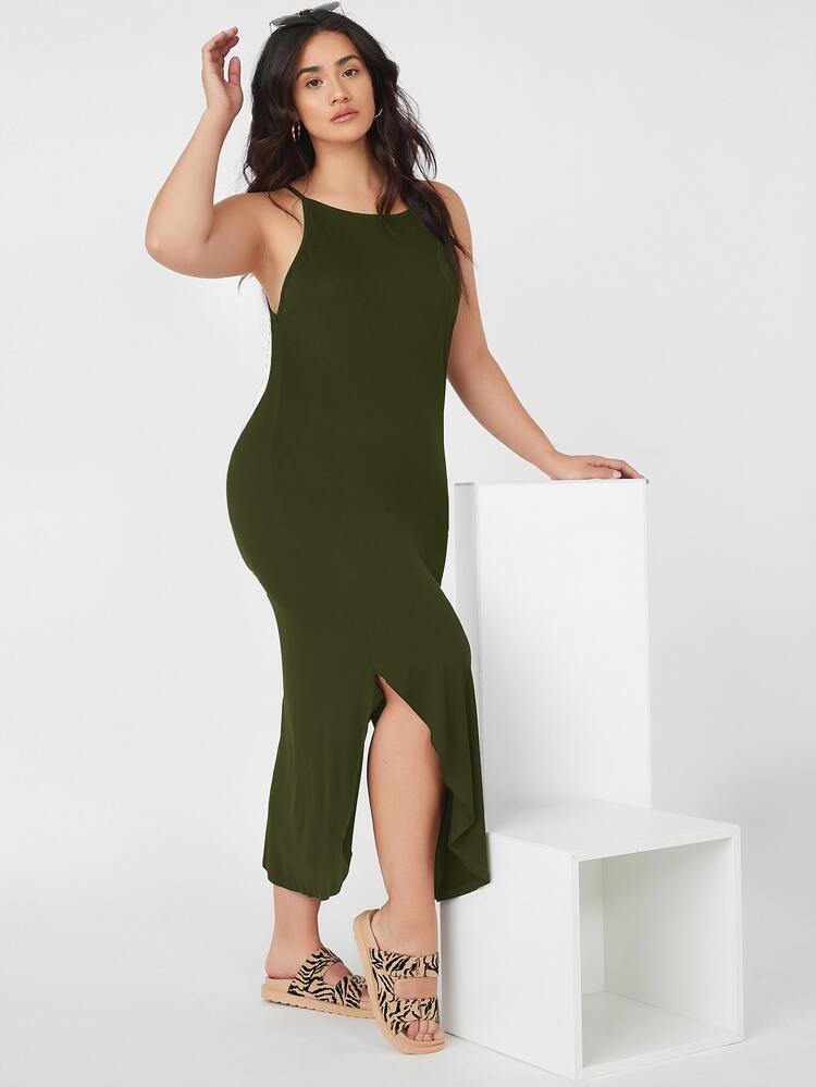 SHEIN BASICS Plus Split Side Cami Dress - Army Green - View 4