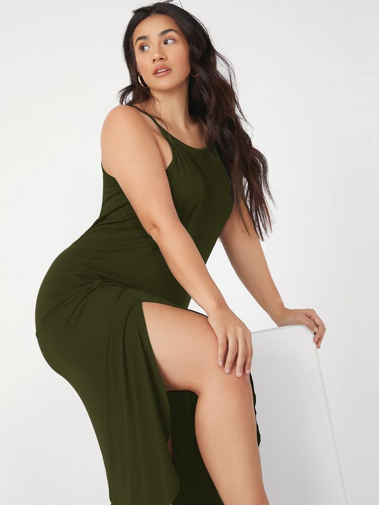 SHEIN BASICS Plus Split Side Cami Dress - Army Green - View 5