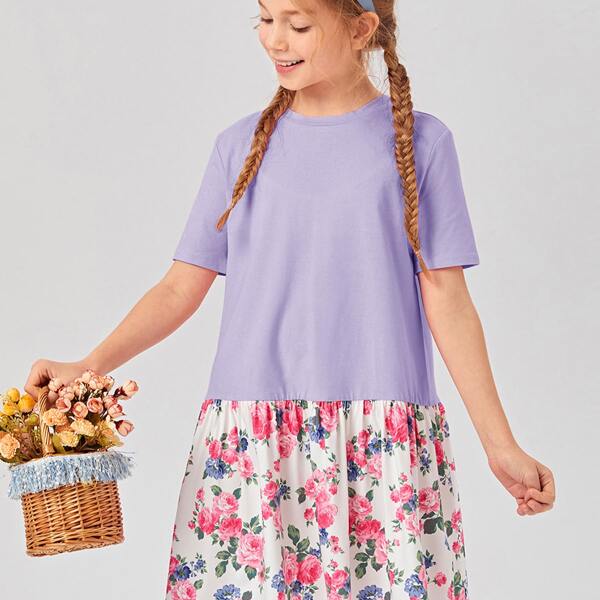 

Girls Floral Ruffle Hem Smock Dress, Lilac purple