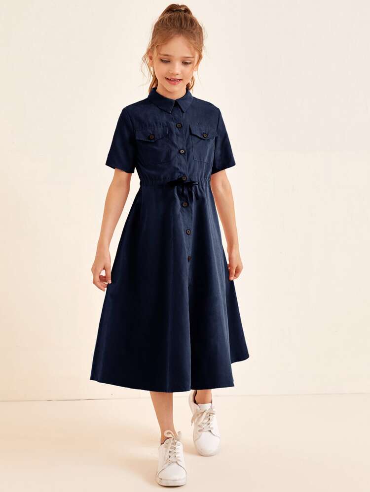 SHEIN Girls Flap Pocket Front Knot Detail Shirt Dress - Navy Blue - View 3