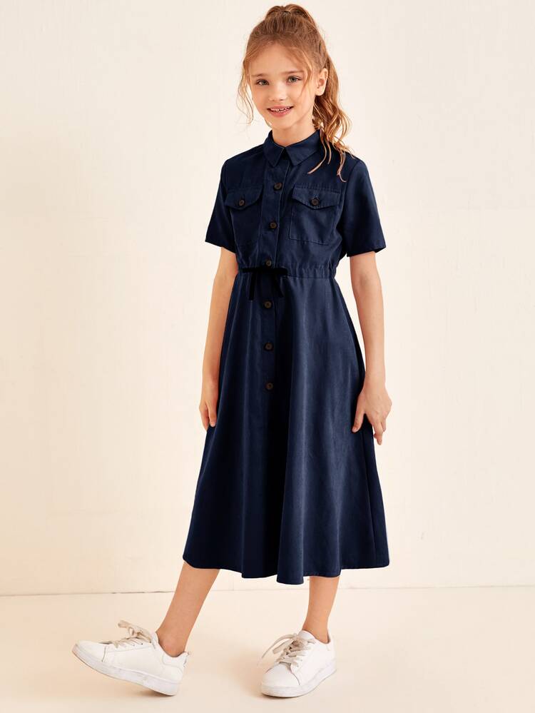 SHEIN Girls Flap Pocket Front Knot Detail Shirt Dress - Navy Blue - View 4