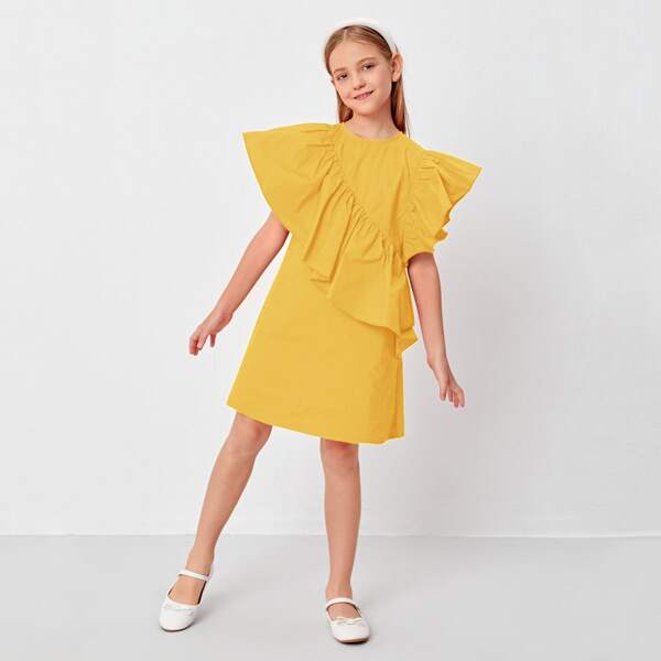 

Girls Exaggerated Ruffle Zip Back Solid Dress, Yellow