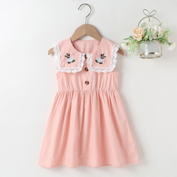 

Toddler Girls Floral Embroidery Peter Pan Collar Lace Panel Dress, Baby pink