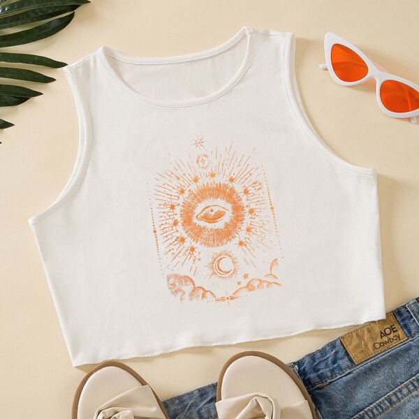 

Graphic Print Crop Tank Top, White