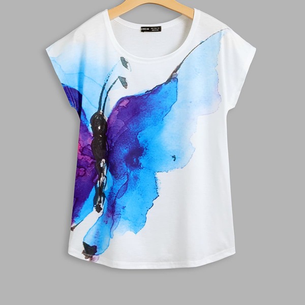 

Butterfly Print Batwing Sleeve Tee, White