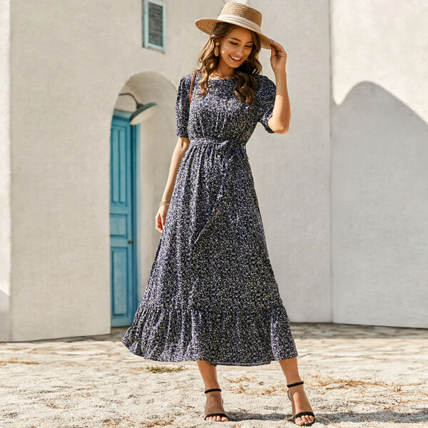 

Allover Print Belted A-line Dress, Navy blue