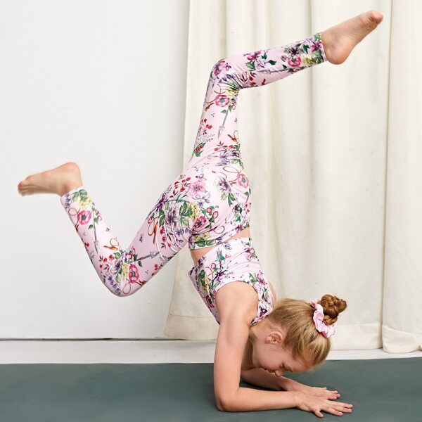 

Girls Floral Print Crop Sports Tank Top With Leggings, Multicolor