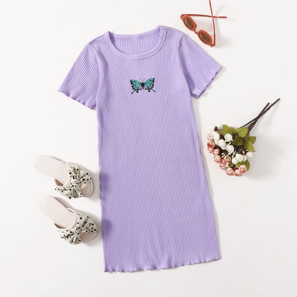 

Girls Butterfly Print Rib-knit Tee Dress, Lilac purple