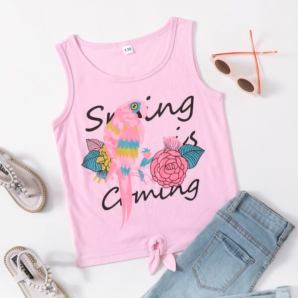 

Girls Bird & Letter & Floral Tank Top, Baby pink