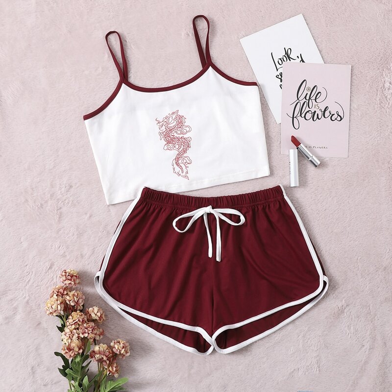 

Chinese Dragon Print Binding Pajama Set, Red and white