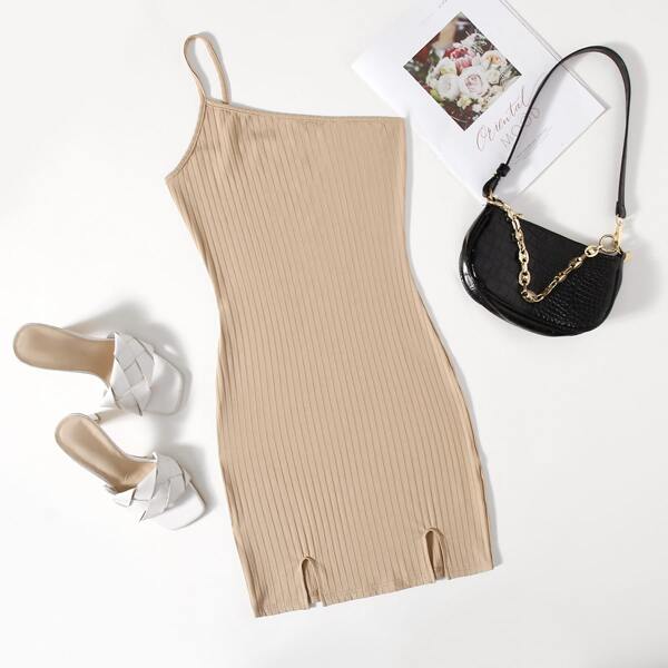 

One Shoulder Split Hem Rib-knit Dress, Khaki