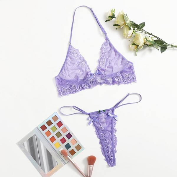 

Plus Floral Lace Halter Lingerie Set, Purple