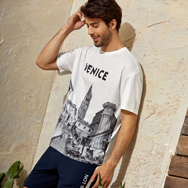 

Men Drop Shoulder Letter Graphic Tee, White