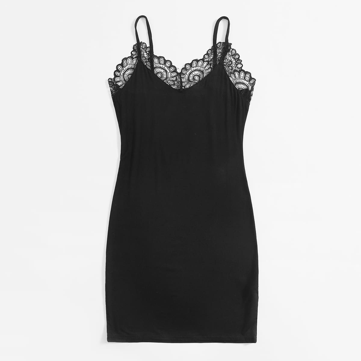 

Solid Lace Trim Cami Night Dress, Black