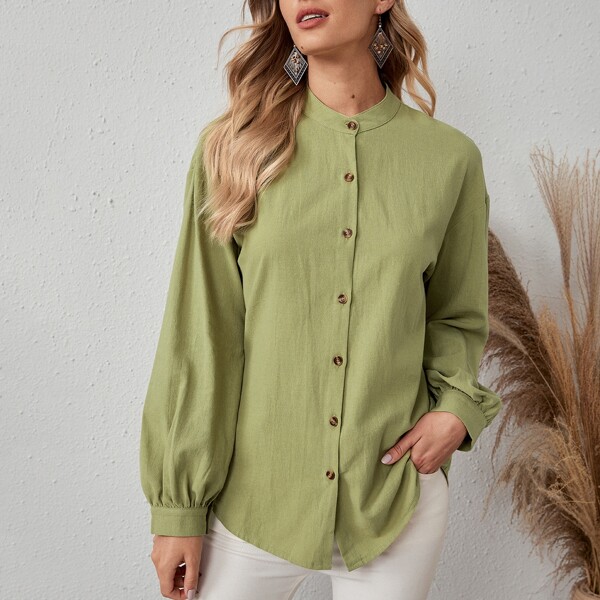 

Mock Neck Drop Shoulder Blouse, Green