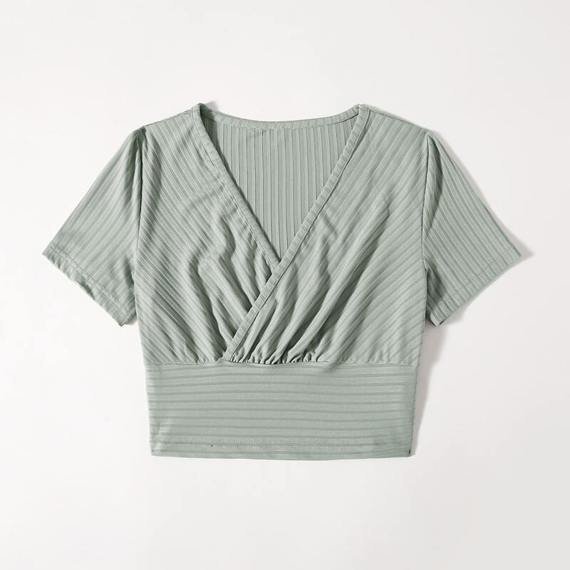 

Solid Wrap Ribbed Crop Tee, Mint green