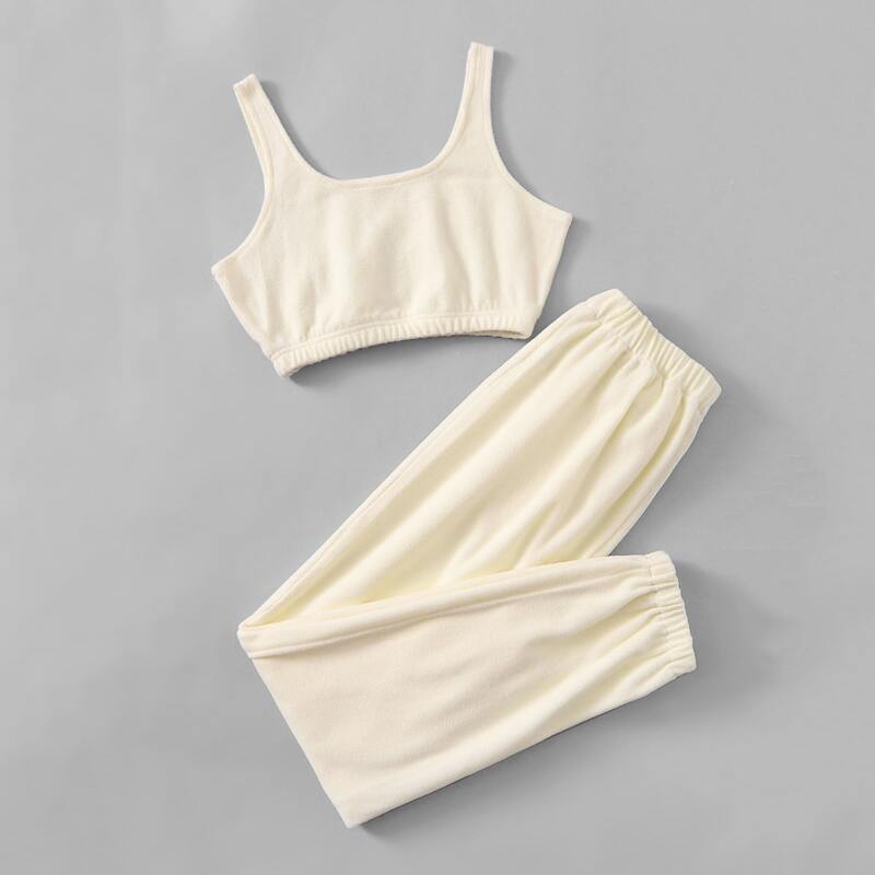 

Solid Fleece Crop Tank Top & Joggers, Beige