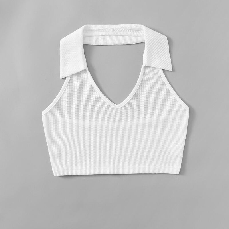

Solid Pointelle Halter Top, White