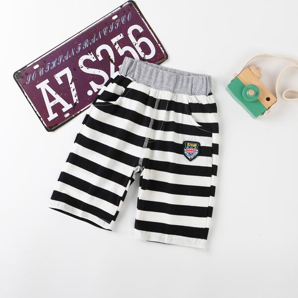 

Toddler Boys Badge Patched Striped Shorts, Black and white