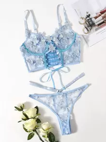 刺繡貼花網紗鋼圈內衣褲套裝 - 淺藍色 - 查看 1