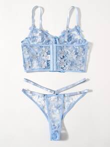 刺繡貼花網紗鋼圈內衣褲套裝 - 淺藍色 - 查看 2